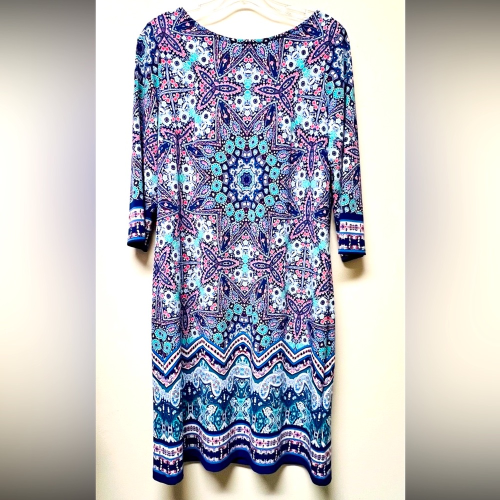 Roz & Ali Boho Chic Shift Dress Medium Petite Colorful Stretch Blue Paisley